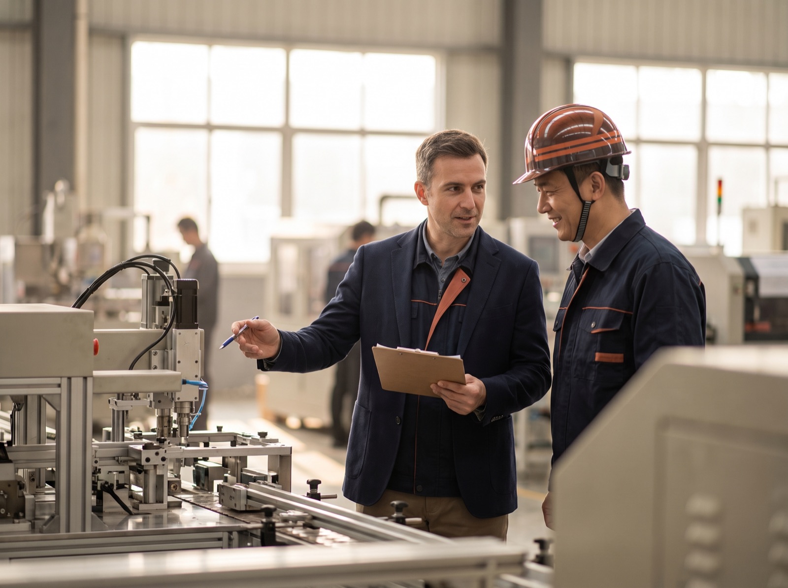 Consultant and plant manager assessing a production line